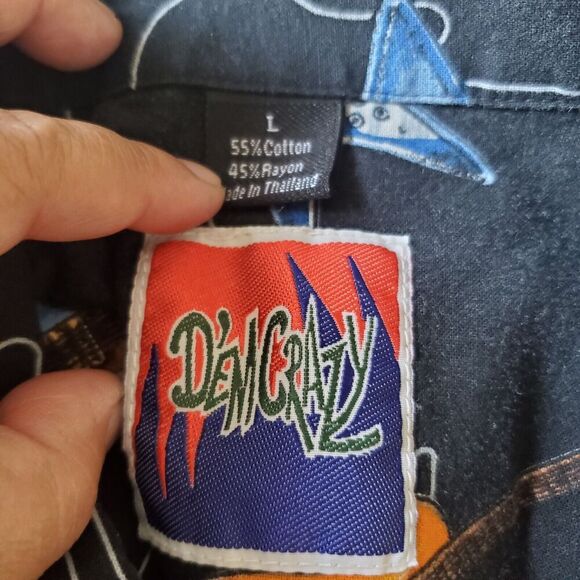 Vintage Dem Crazy Shirt Mens L Guitar All Over Print Button Up Short Sleeve Blk - Picture 3 of 16